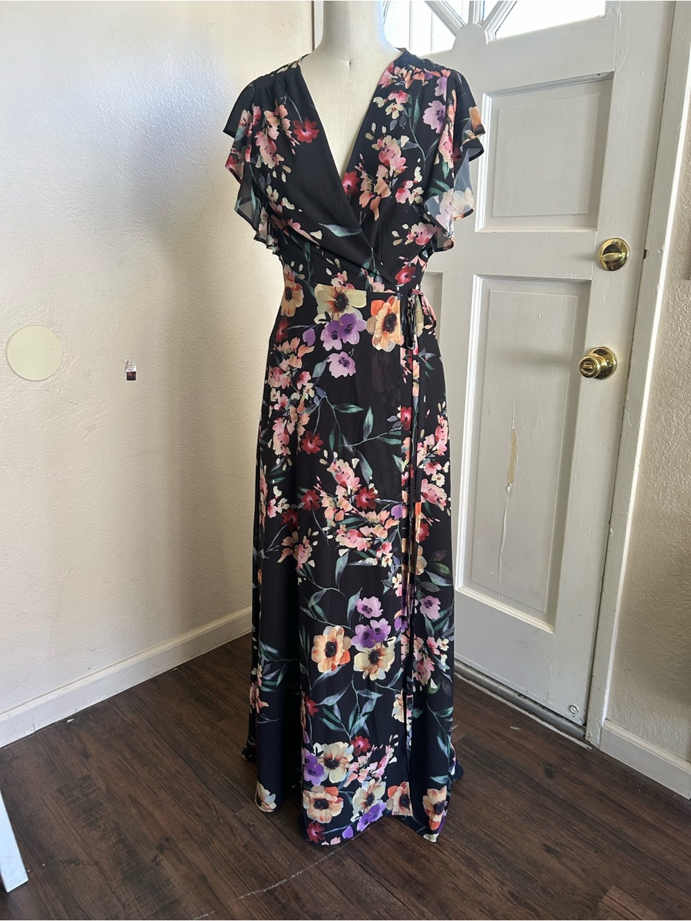 Black Floral Wrap Maxi Dress with multicolored Blooms